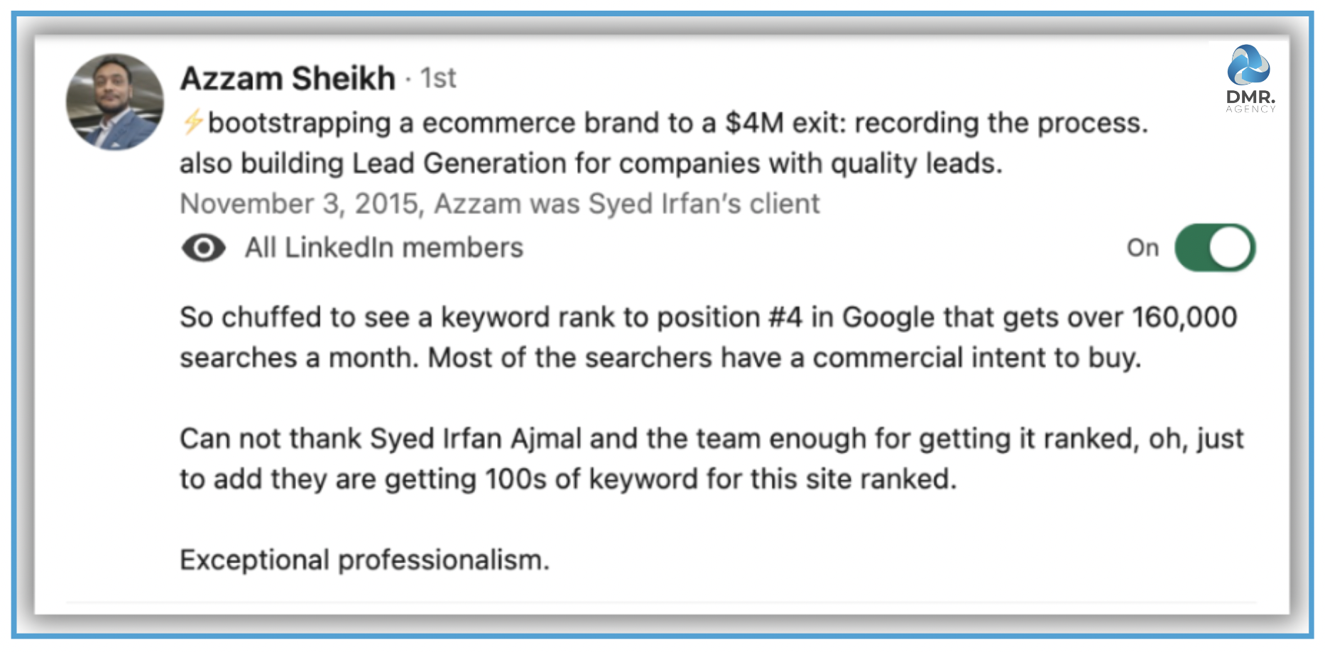 LinkedIn Testimonial from NTA's SEO Director