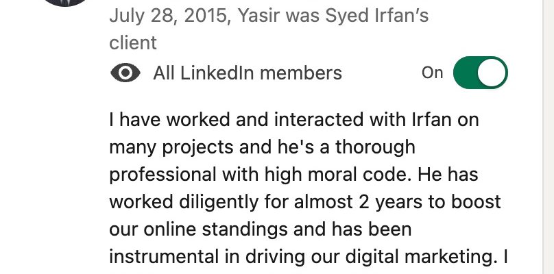 LinkedIn Testimonial of Alrug’s Founder